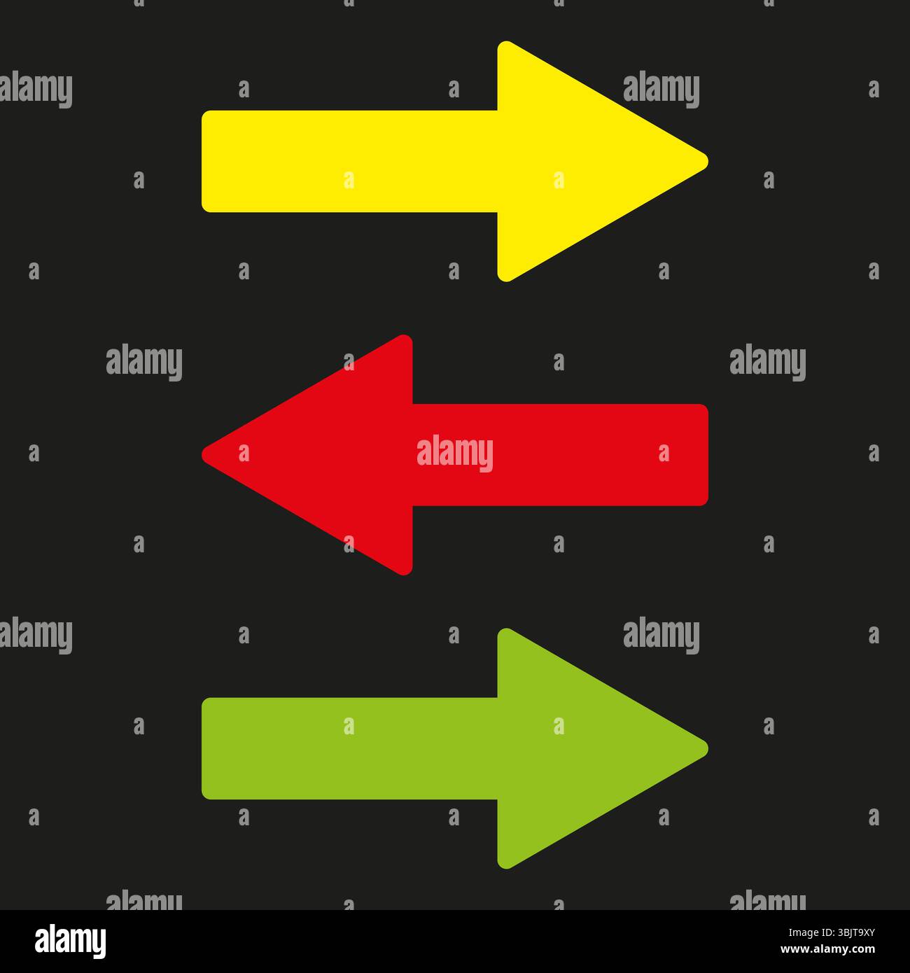 Farbpfeilsatz. Richtungssymbole Trio. Vektornavigationszeichen. Schwarzer Hintergrundkontrast. Stock Vektor