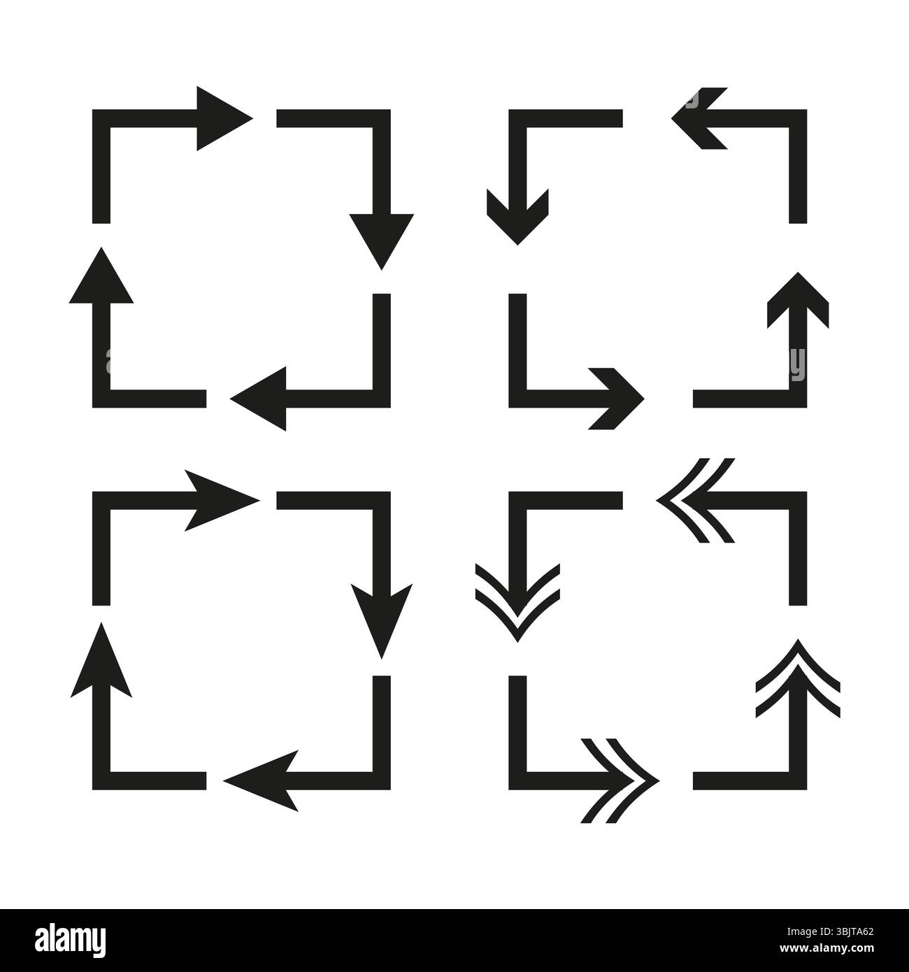 Pfeilschleifensymbol. Form der Drehrichtung. Vektorbewegung Figur. Kreisförmige schwarze Form. Stock Vektor