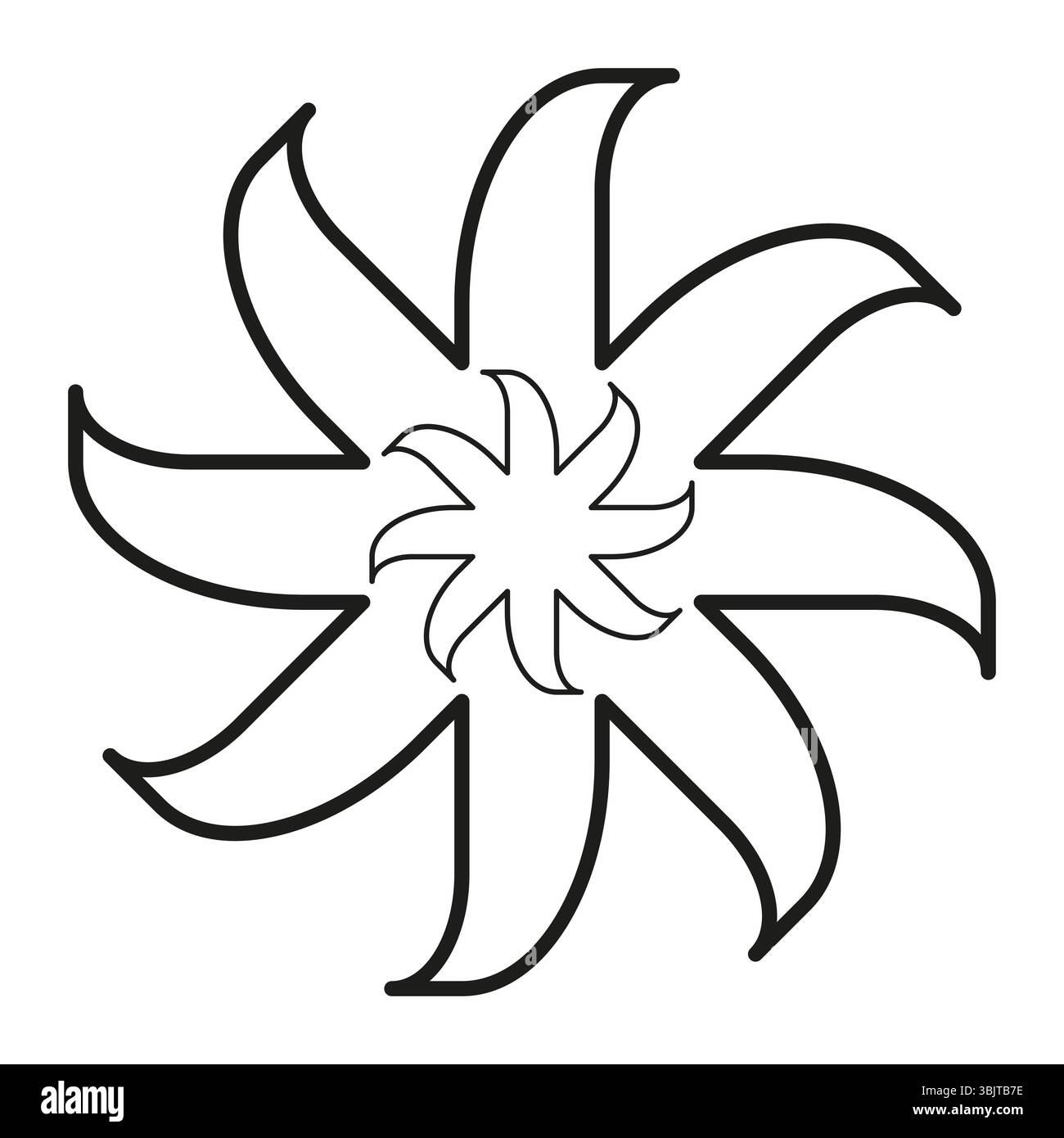 Stilisierte Sternform. Abstraktes Radialdesign. Dynamischer Burst-Vektor. Geometrisches Blumenelement. Stock Vektor