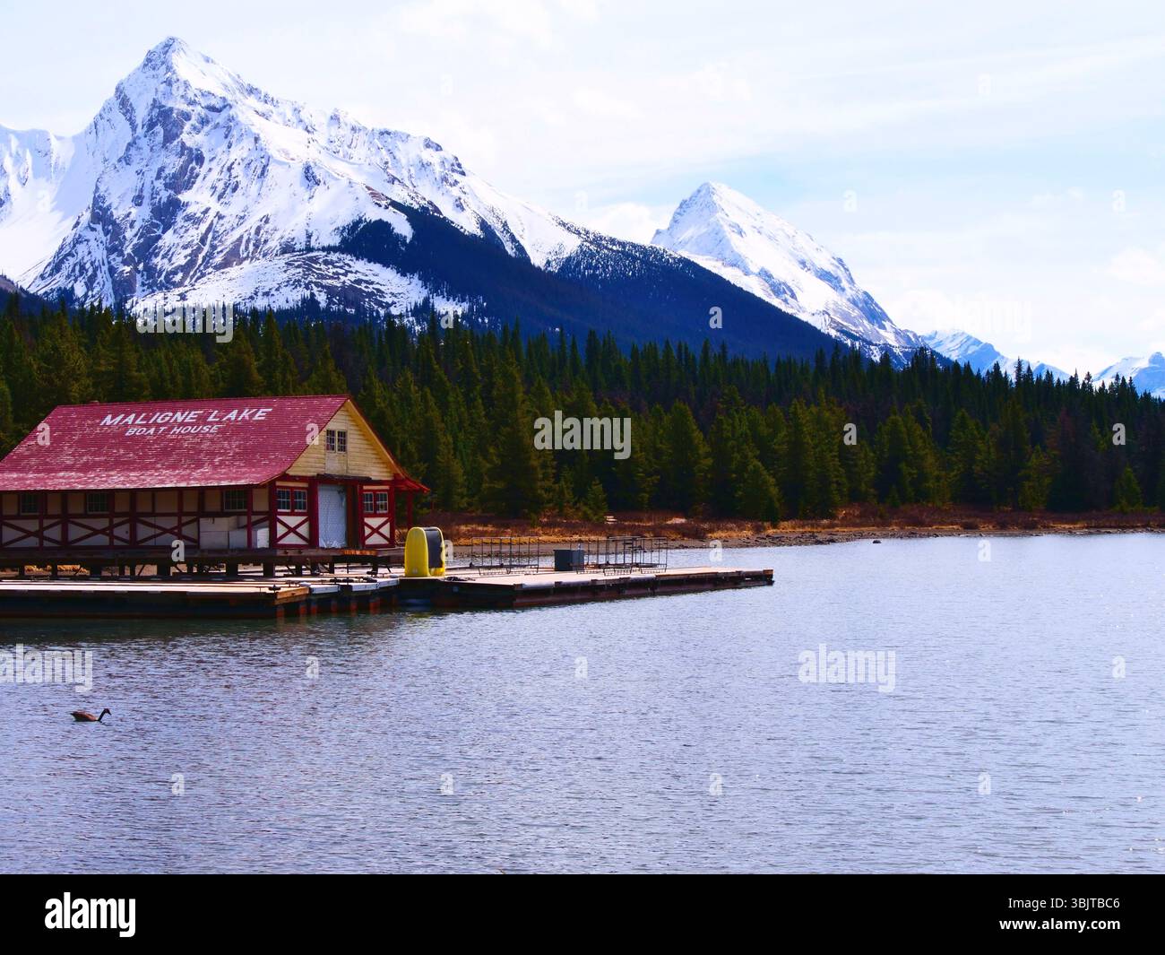Das Boat House of Maligne Lake mit schneebedeckten Rocky Mountains im Hintergrund Stockfoto