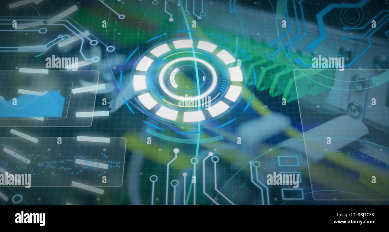 Holographischer, kreisförmiger Fortschrittsindikator, der das Labor überlagert, grüne Handschuhe, die Teile handhaben Stockfoto