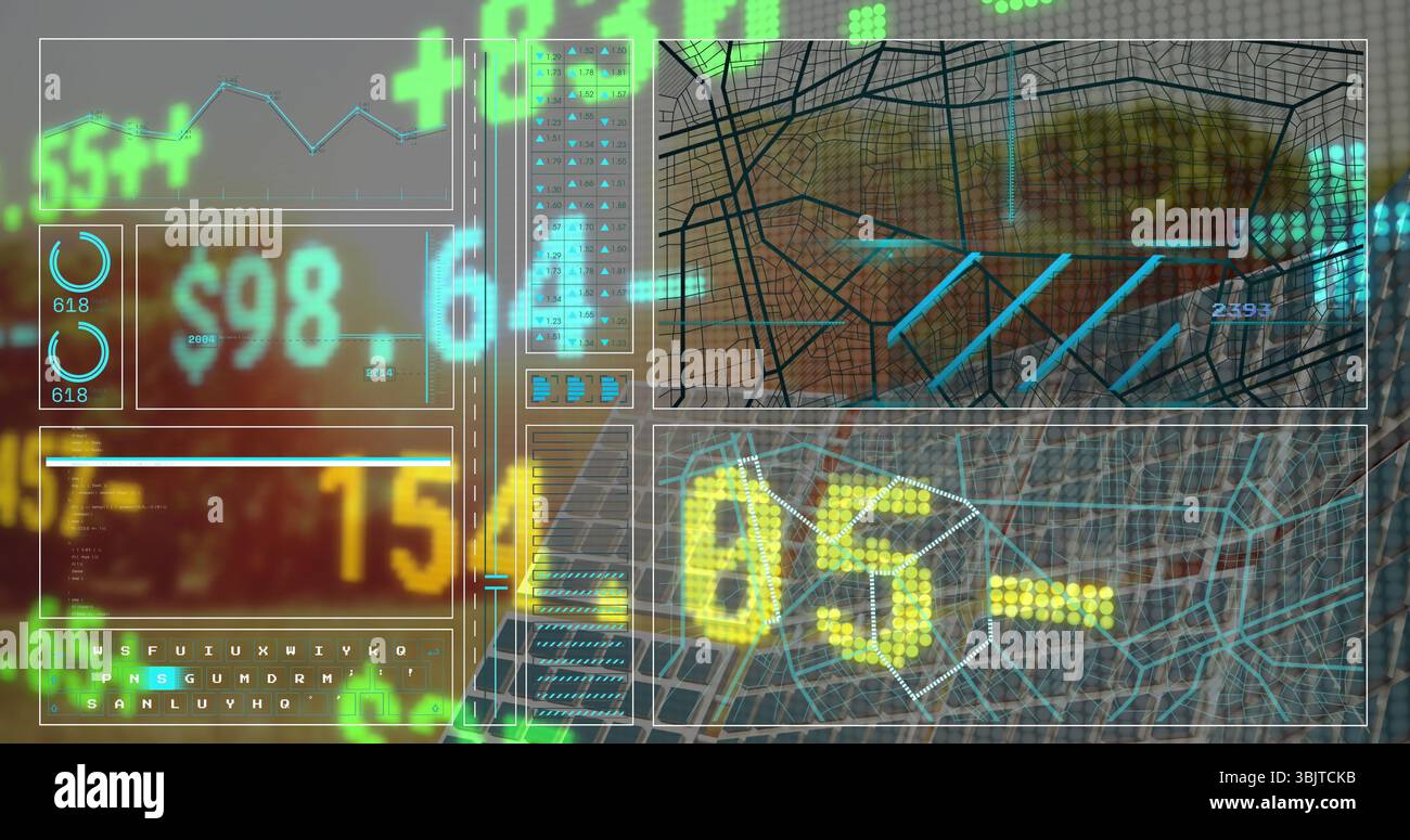 Anzeige des Dashboards auf der Anzeige im Kontrollraum mit Bedienfeldern, Anzeigen, Karten und Dollarwerten Stockfoto