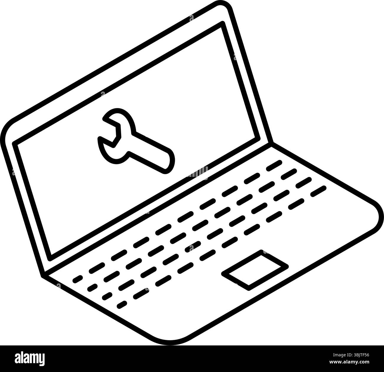 Isometrisches Liniensymbol des Laptops mit Schlüsselsymbol für Online-Fahrzeugdiagnose, schwarz-weiß, Vektorillustration Stock Vektor