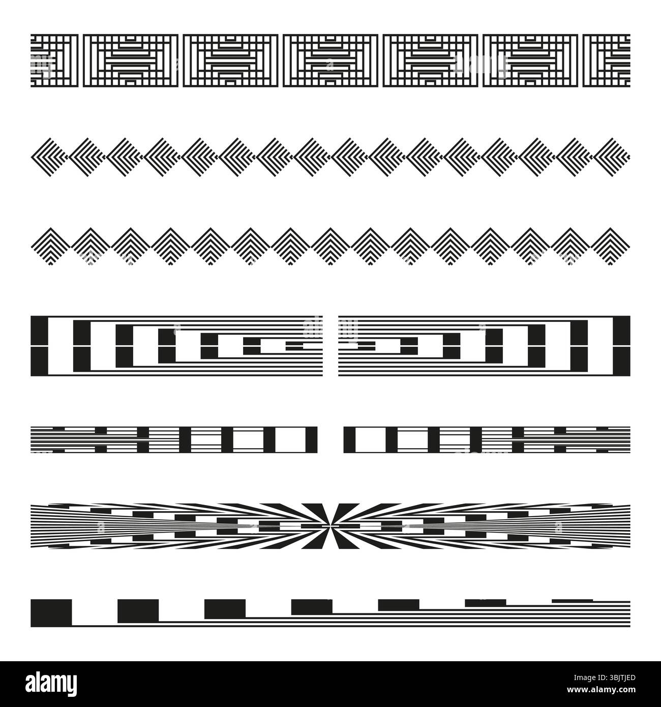 Dekorative horizontale Linien. Abstrakte Vektorteiler. Grafische Elemente mit Mustern. Gestreifte Borten. Stock Vektor