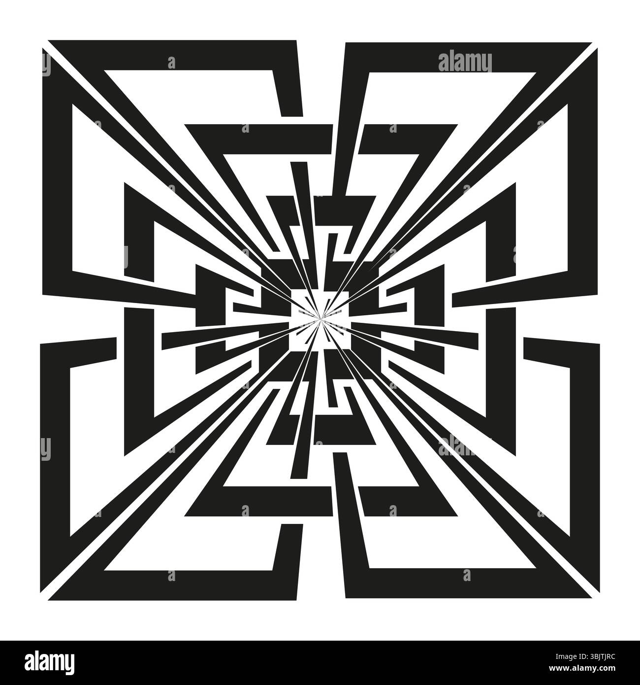 Explosionsform des Labyrinths. Optisches Tunnelmuster. Scharfes Pfeillabyrinth. Abstrakte Vektorform. Stock Vektor