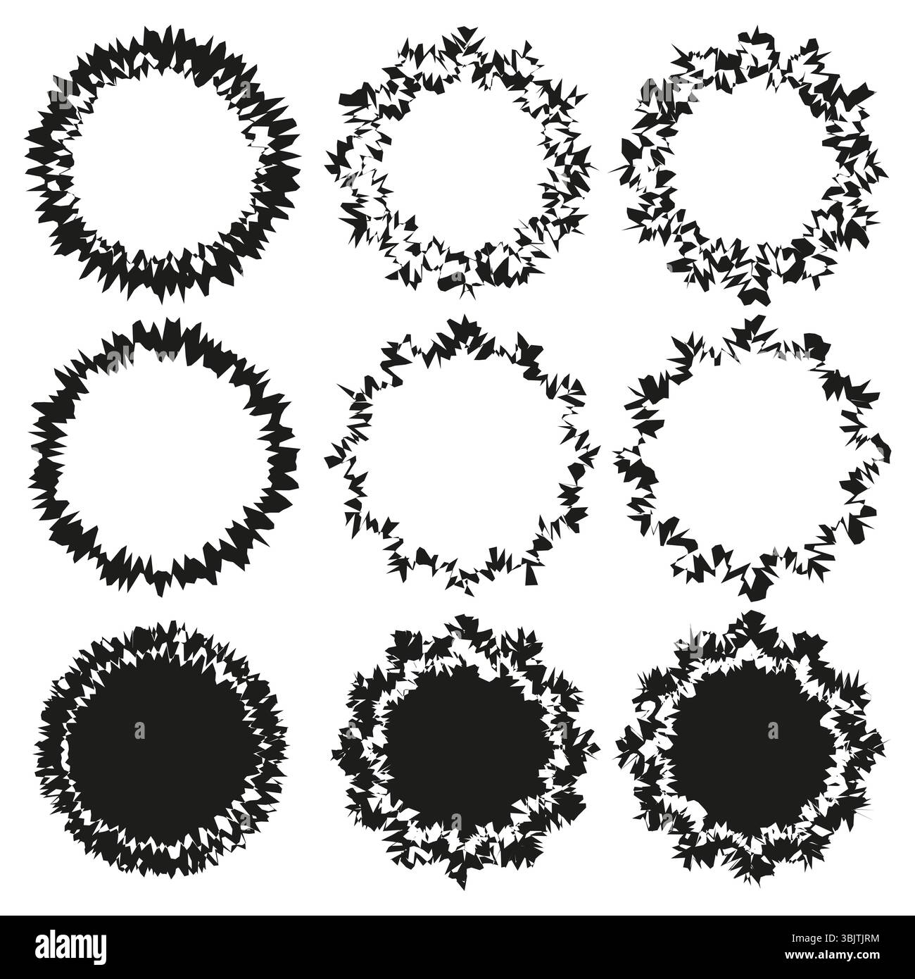 Symbole für Grunge-Kreis. Unregelmäßige Kantenformen. Schwarze Vektorkonturen. Abstraktes rundes Design. Stock Vektor