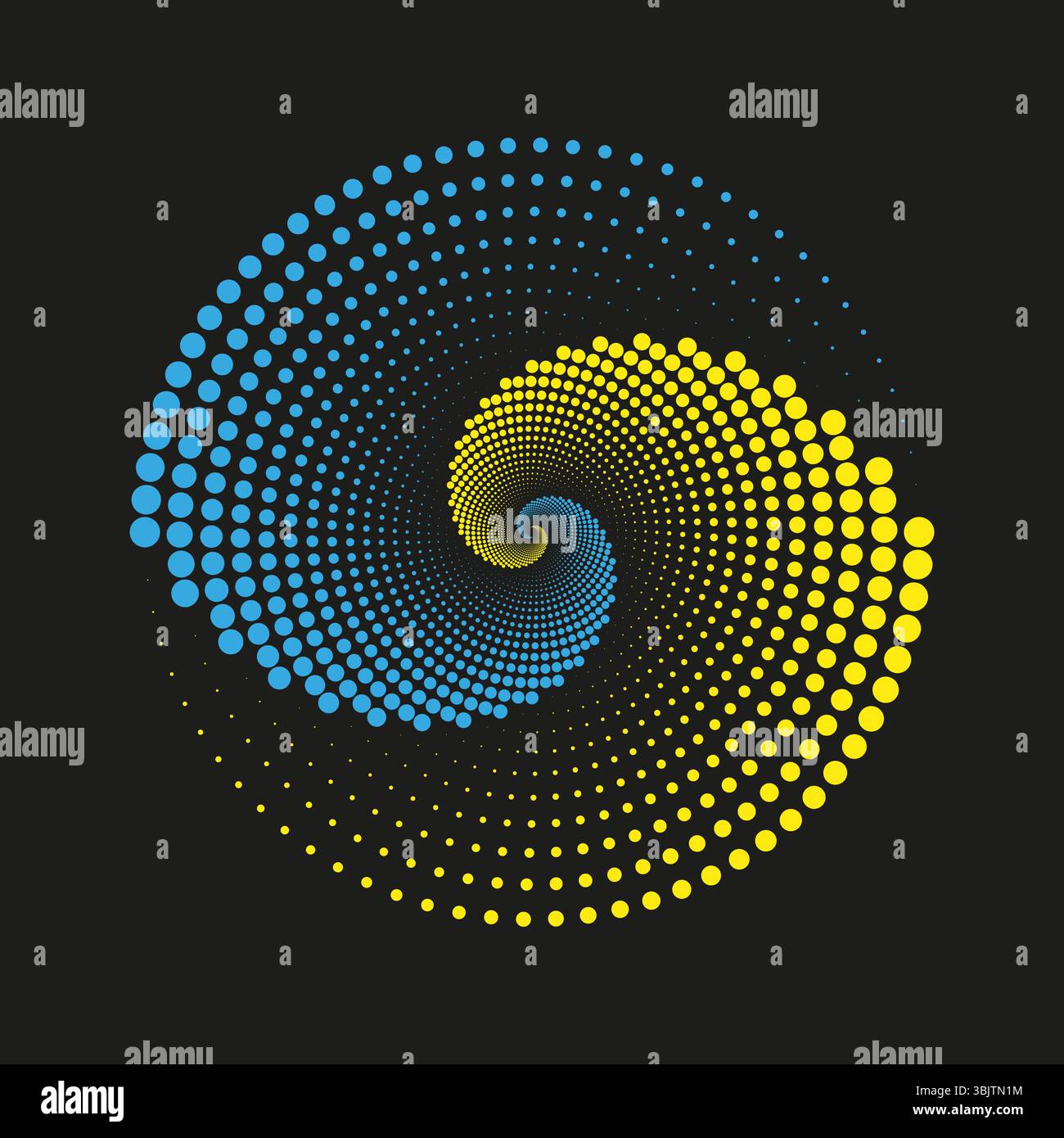 Wirbelnde Punktspirale. Blauer gelber Vektor. Radiale Wirbelform. Schwarzer kreisförmiger Hintergrund. Stock Vektor