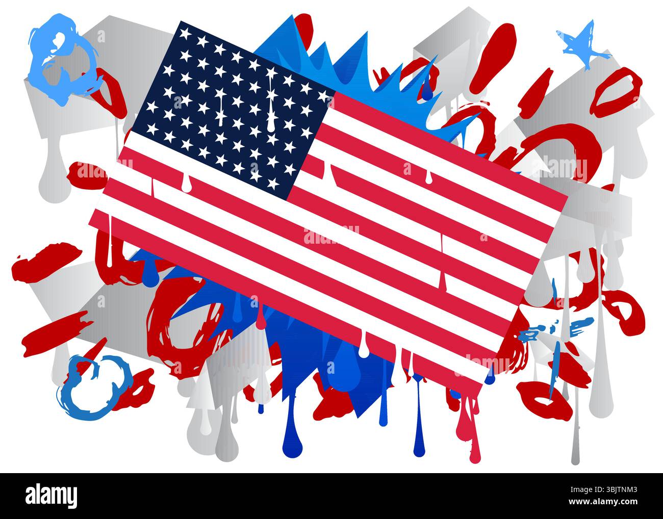 Graffiti-Tag mit amerikanischer Flagge. Abstrakte moderne Streetart-Dekoration im urbanen Malstil. Stock Vektor