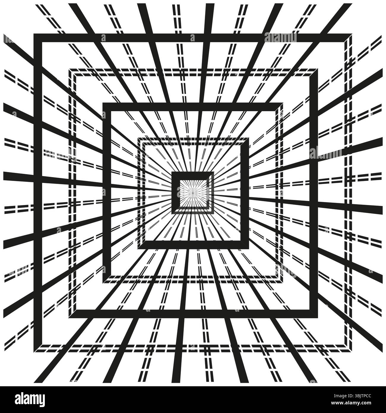 Geometrischer quadratischer Tunnel. Rückläufige Rahmentäuschung. Zentrale abstrakte Tiefe. Layout der Vektorform. Stock Vektor