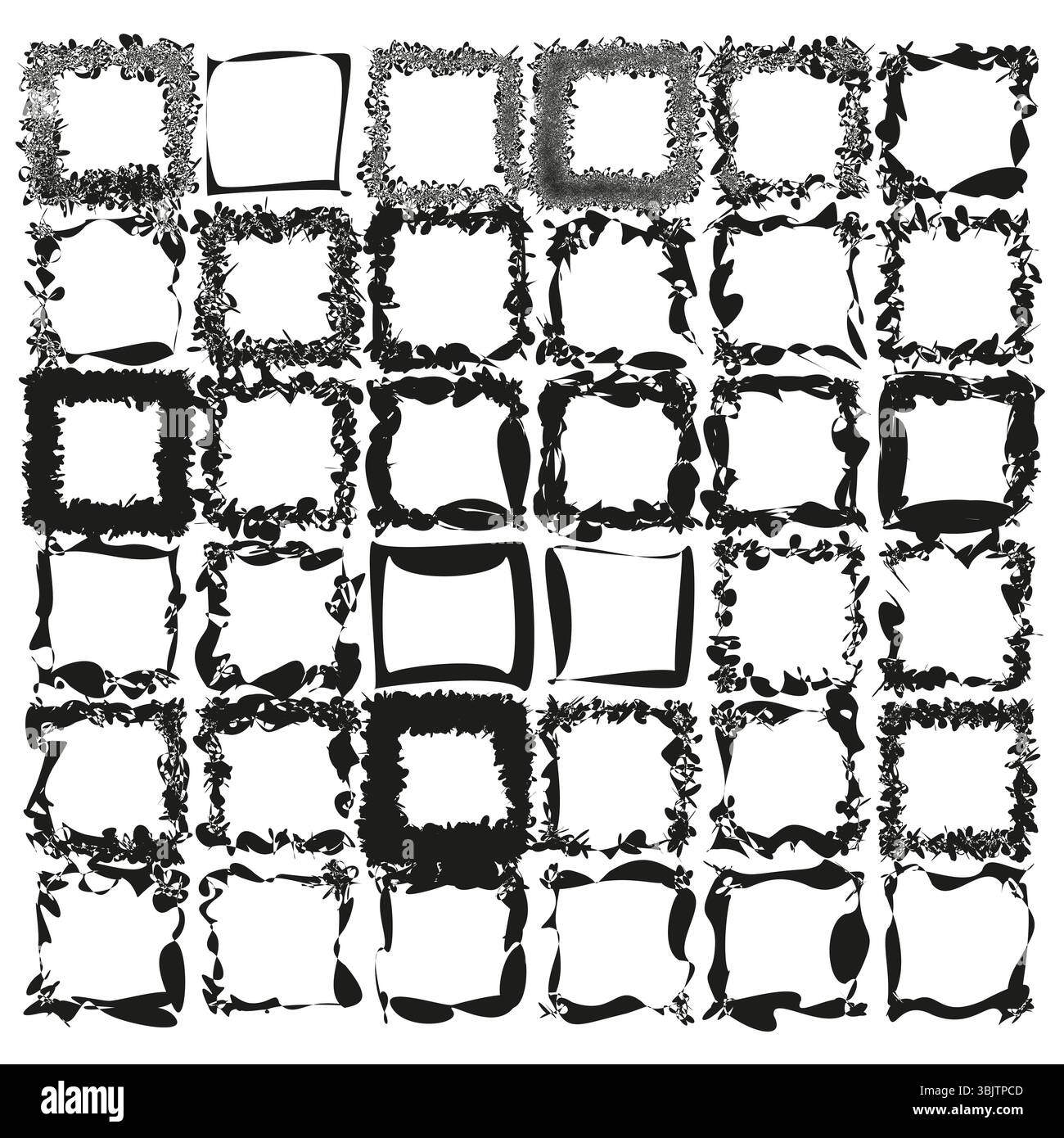 Rahmenset für Distressed. Grobe quadratische Umrisse. Vektor-Grunge-Rahmen. Unregelmäßige schwarze Form. Stock Vektor