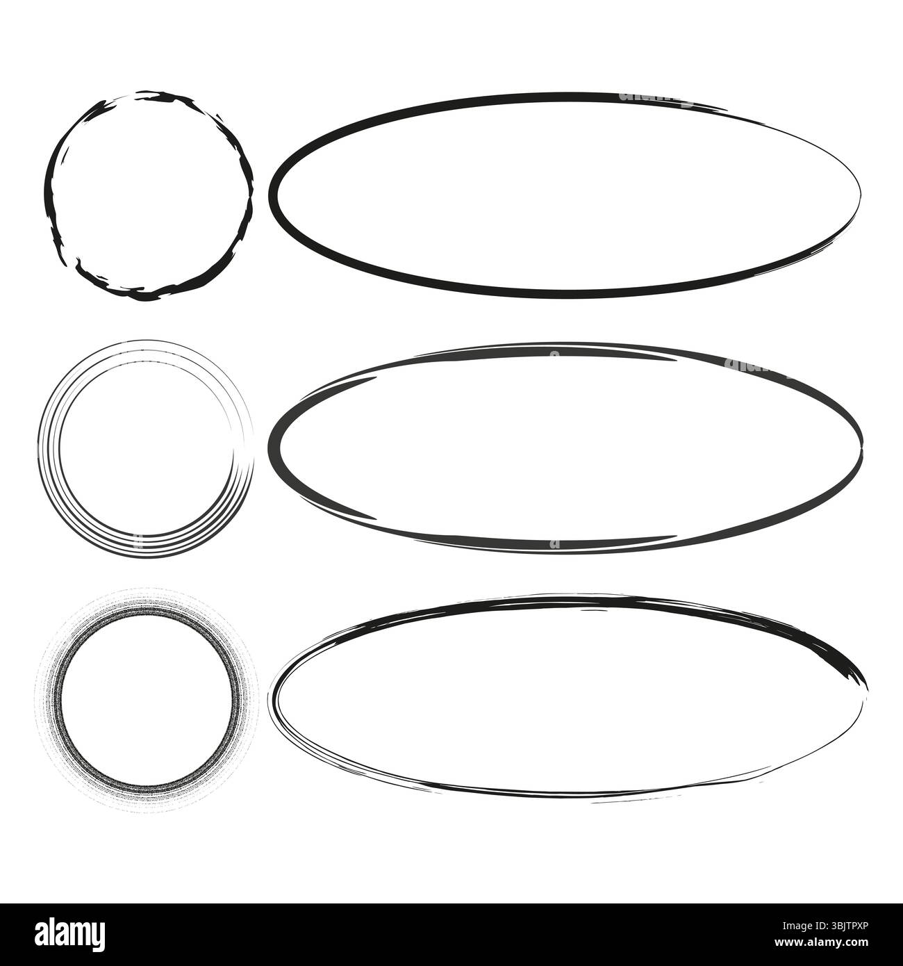 Ellipse und Kreis. Geometrische Vektorform. Dünne schwarze Kontur. Minimaler Skizzensatz. Stock Vektor