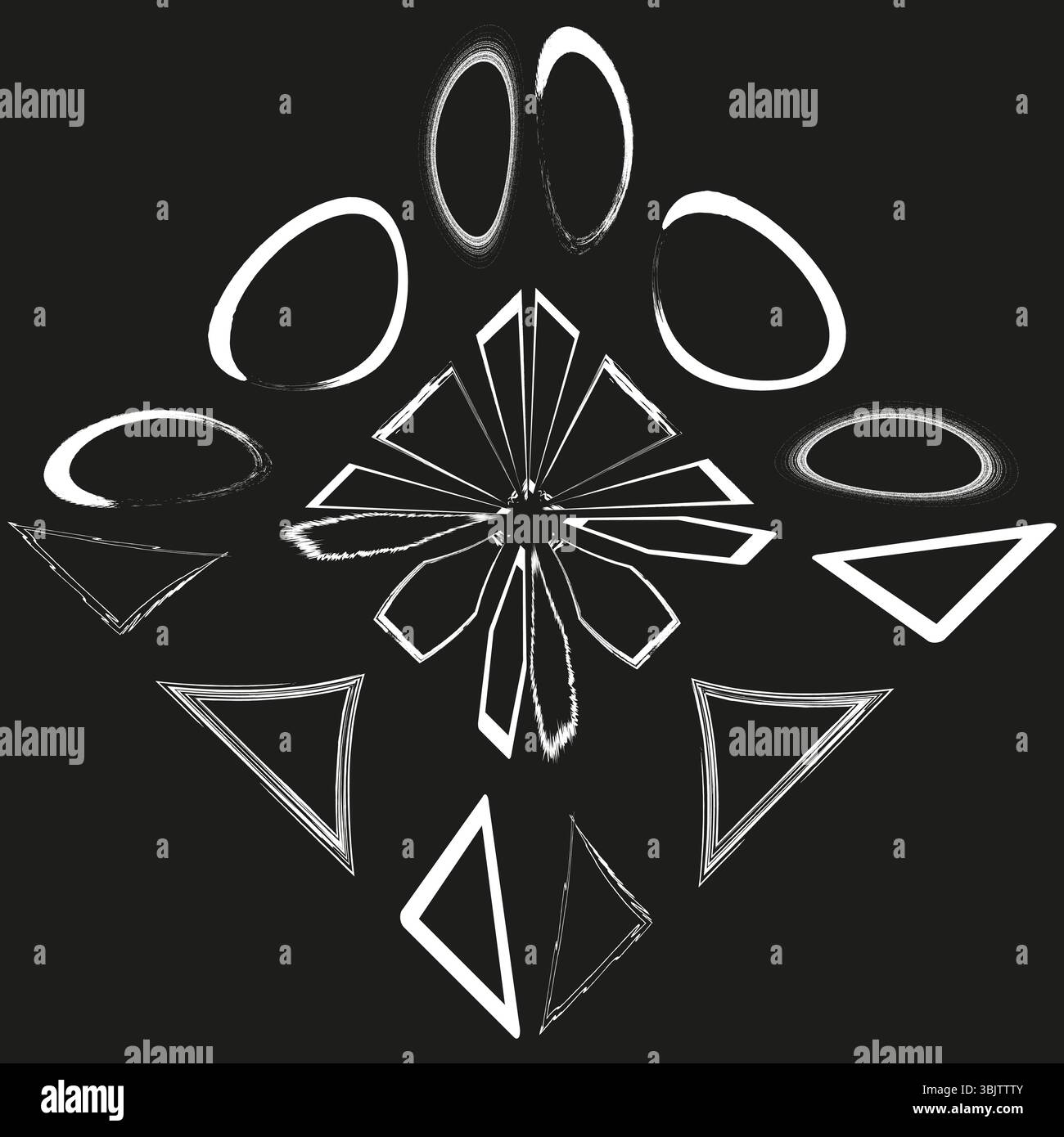 Schwarzer geometrischer Mix. Abstrakte Form. Vektorelemente auf Dunkelheit. Gekrümmte und eckige Form. Stock Vektor