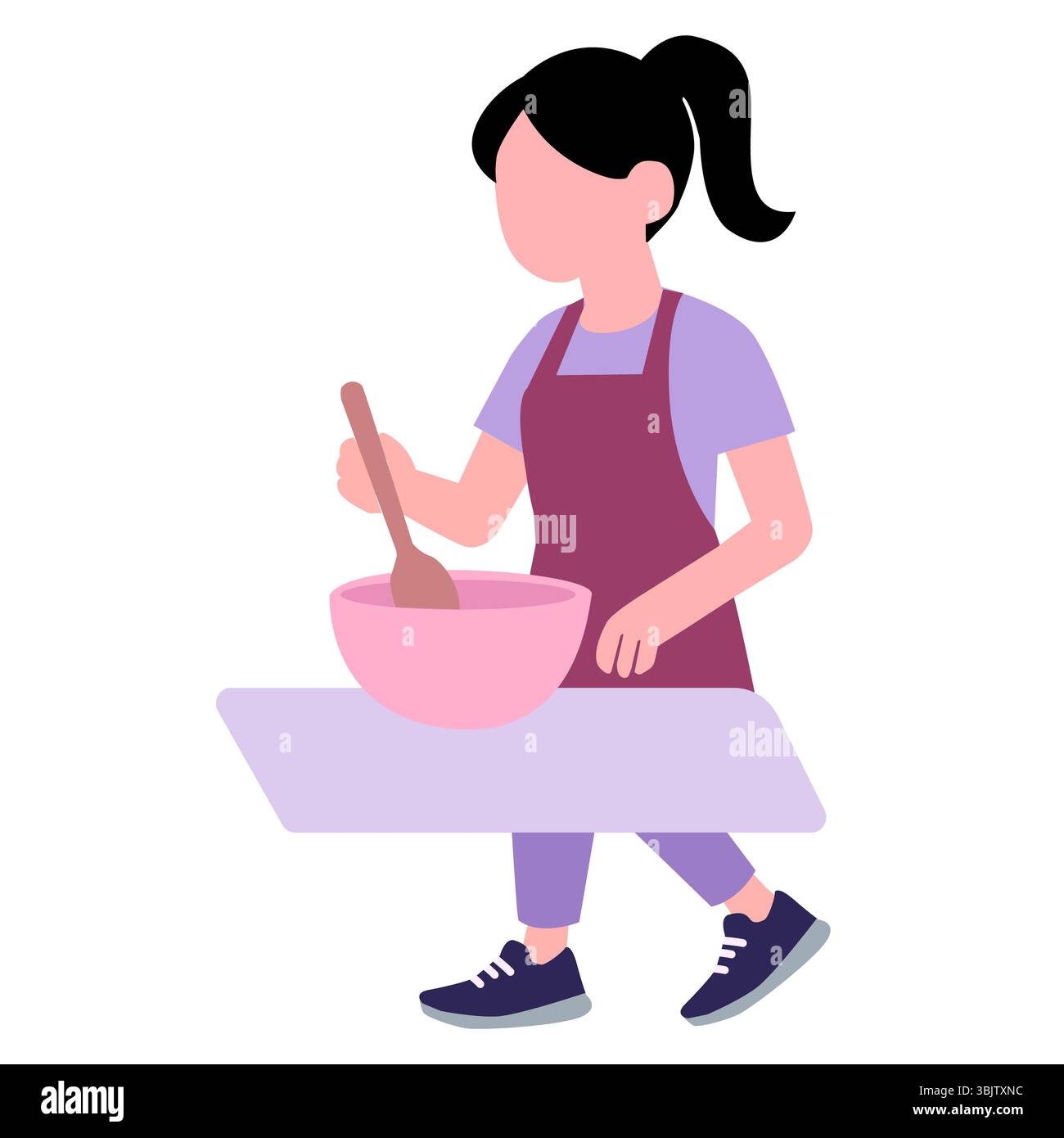Frau übt das Kochen in der Küche. Zuhause kochen. Illustration Home Konzept Vorbereitung hausgemachter Mahlzeiten für das Abendessen. Stockfoto