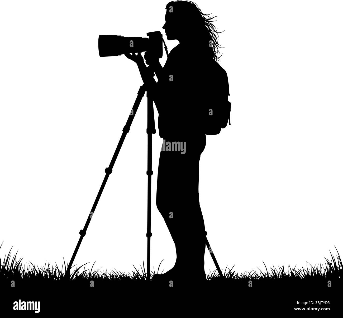 Fotograf Silhouette zielt die Kamera auf einem Stativ im Freien und macht Fotos von Schwarzweiß-Fotokunst Stock Vektor