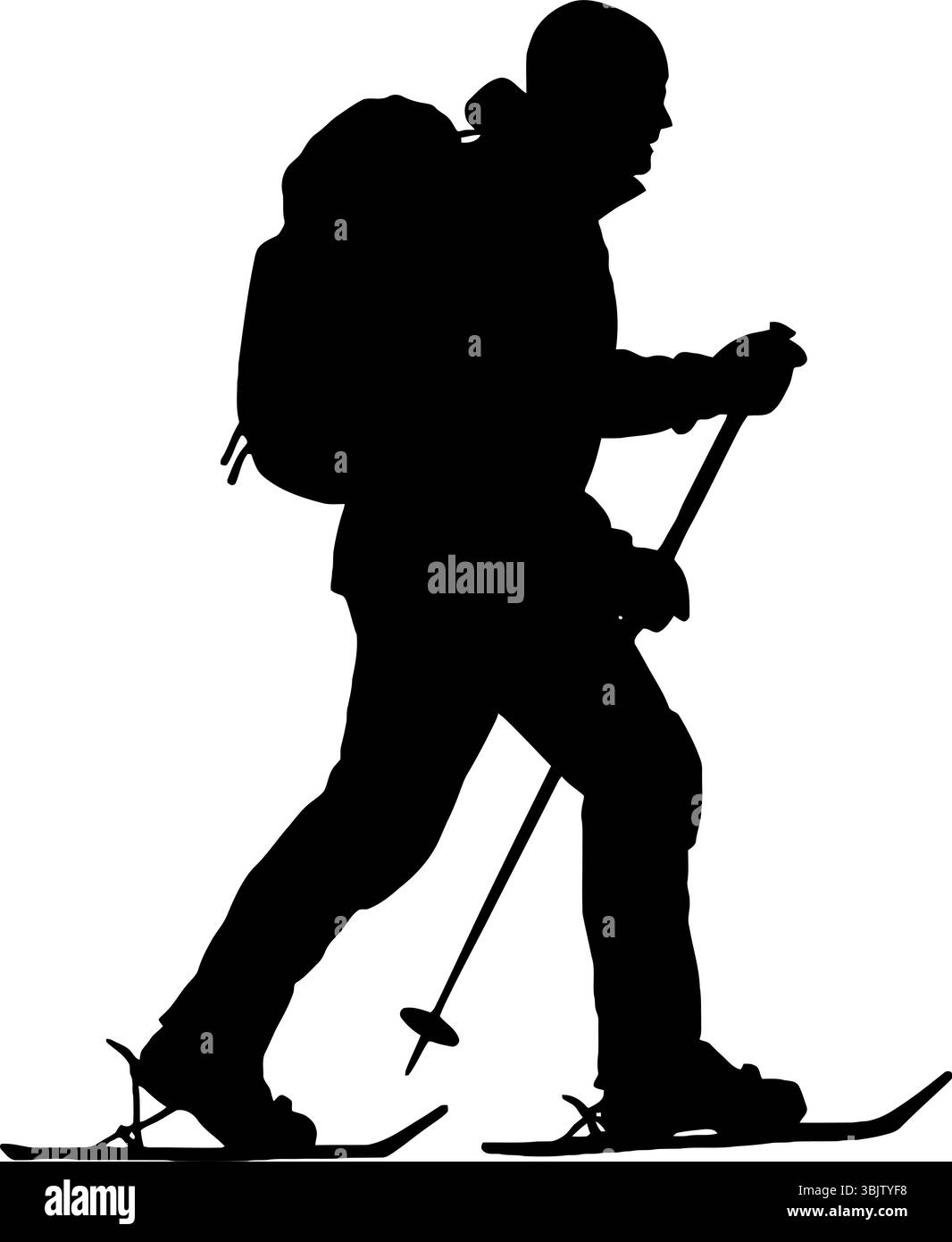 Die Skier-Silhouette lässt den Rucksack mit Stangen aufsteigen und sorgt für Balance vor weißem Hintergrund Stock Vektor