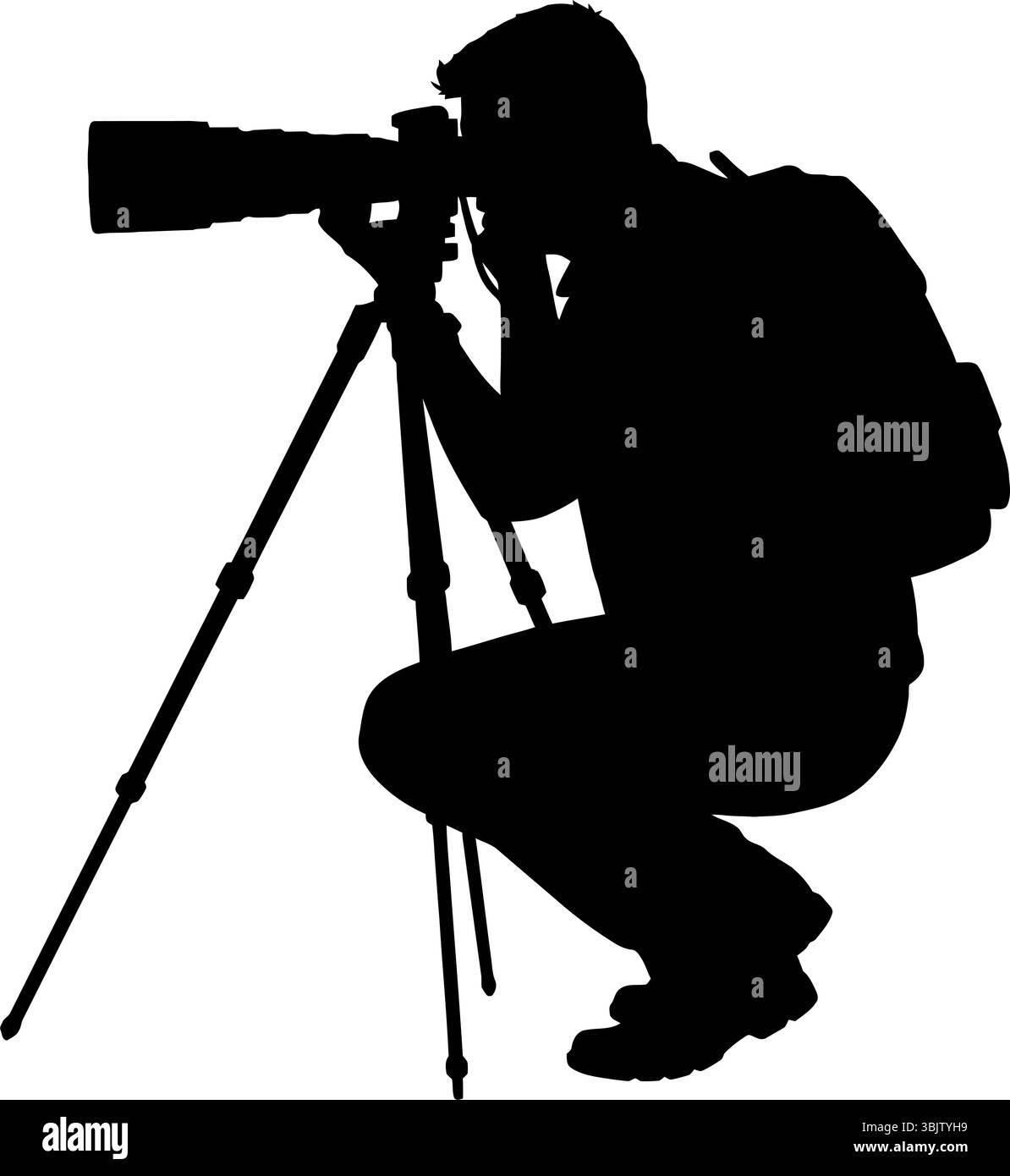 Die Silhouette des Fotografen zielt mit der Kamera auf dem Stativ im Freien gekonnt fokussiert Stock Vektor