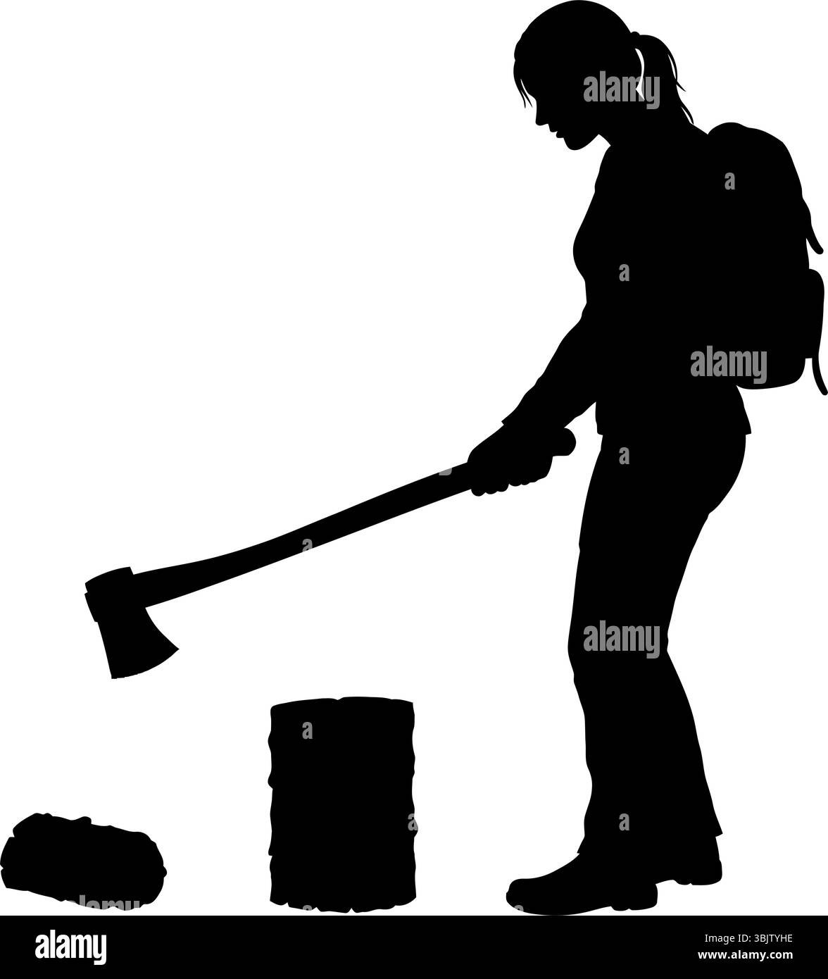 Silhouette-Frau, die Holz mit Axt hackt und Brennholz im Freien vorbereitet Stock Vektor Silhouette-Frau, die Holz mit Axt hackt und Brennholz im Freien vorbereitet Stock Vektor