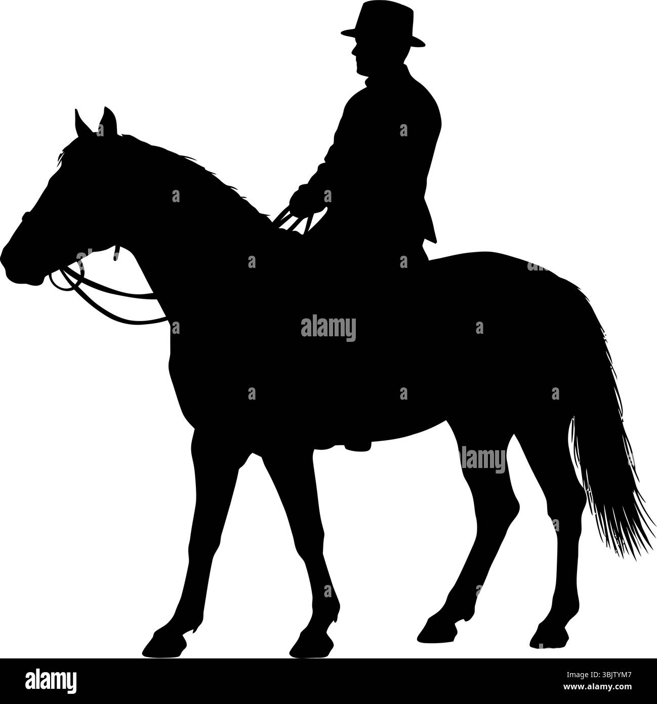 Die Silhouette des Reitens zeigt einen Mann auf einem Pferd im starken Schwarz-weiß-Kontrast-Reitsport Stock Vektor