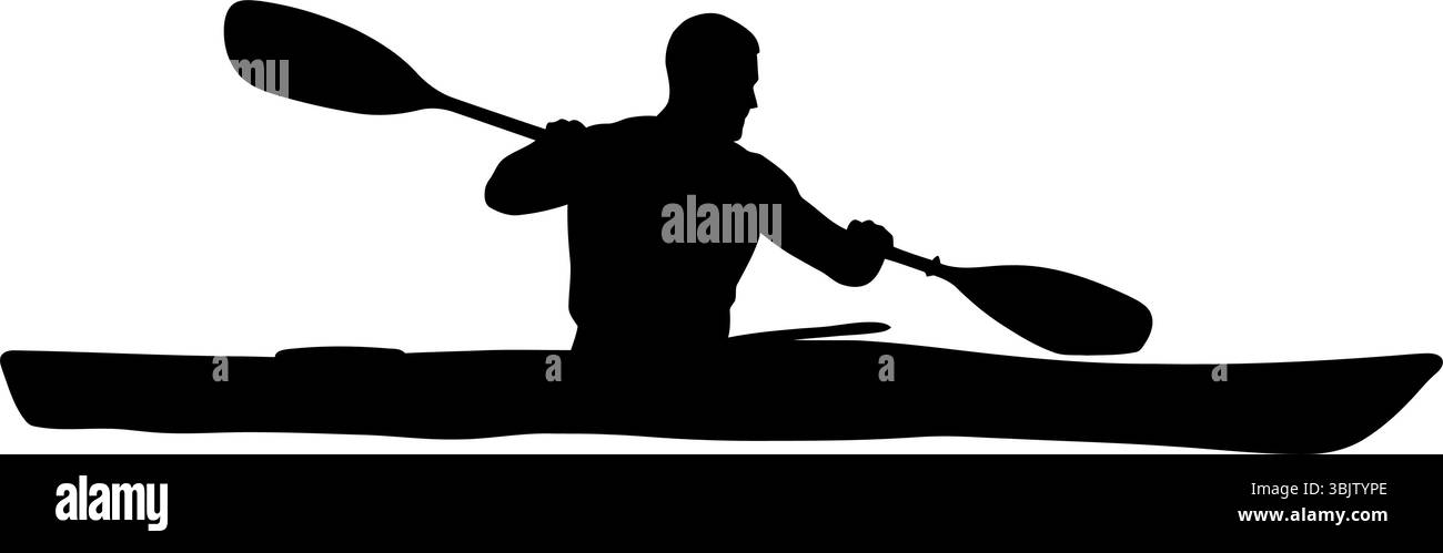 Kajakfahrer paddeln intensiv mit einer Kajak-Silhouette vor einem schlichten weißen Hintergrund Stock Vektor