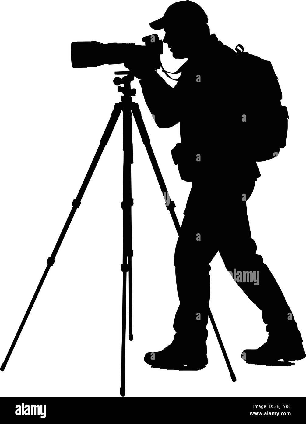 Fotograf Silhouette zielt Kamera mit Stativ tragendem Rucksack im Freien und erkundet die Natur Stock Vektor