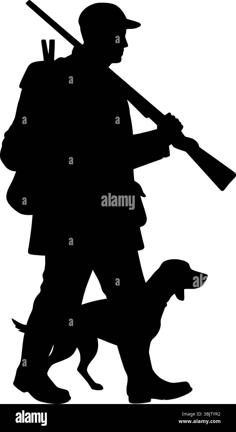 Hunter Silhouette Spaziergänge mit Hund, der ein Gewehr hält, bereit für die Jagd im Freien Stock Vektor