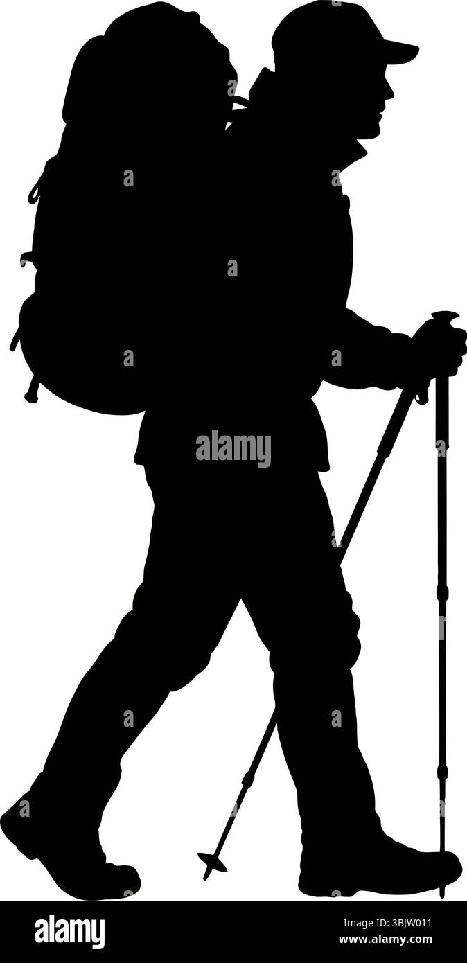 Wanderer-Silhouetten-Spaziergänge mit Trekkingstöcken auf weißem Hintergrund, ideal für Outdoor-Abenteuer-Themen Stock Vektor