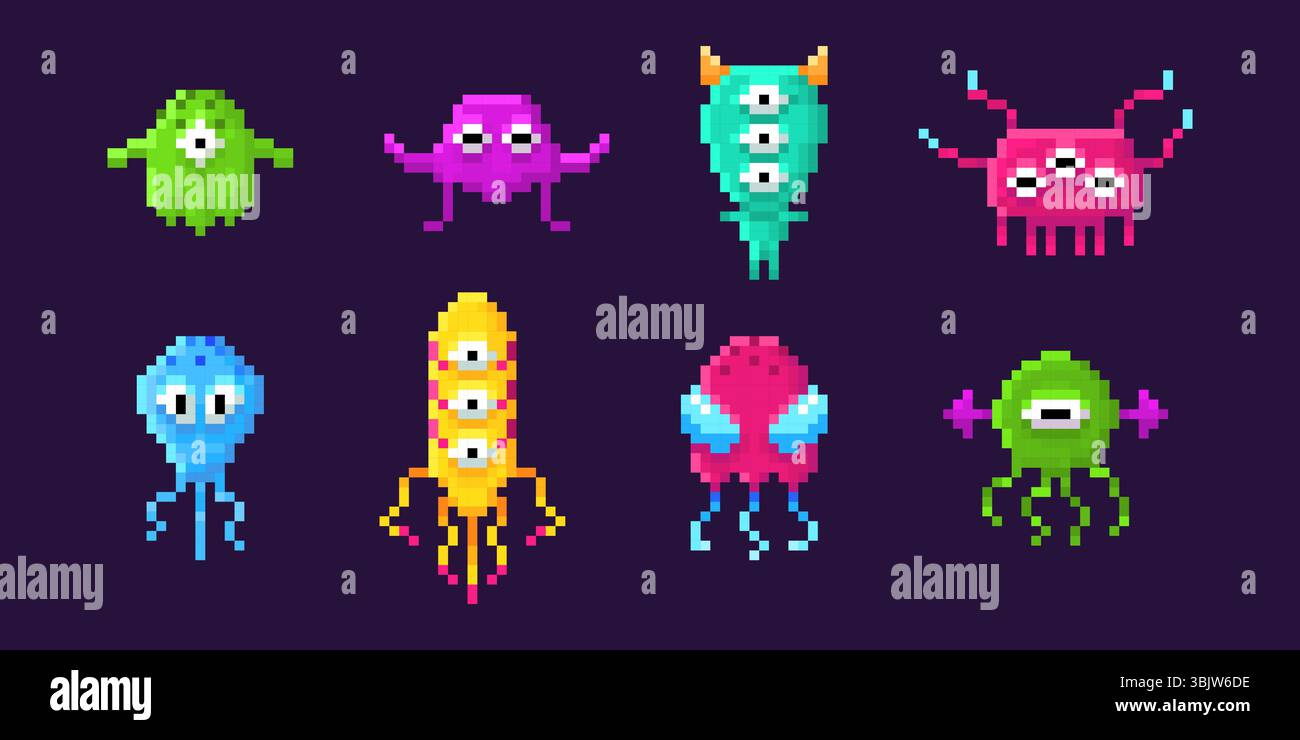 Retro Space Invader Pixel Aliens – farbenfrohe 8-Bit-Monster im klassischen Arcade-Stil. Schrullige Spielfiguren mit mehreren Augen, Tentakeln und einzigartigen Formen für nostalgische Spielgrafiken oder digitale Kunst. Stock Vektor