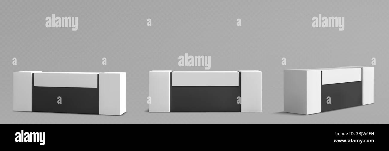 Moderne Rezeptionstische – minimalistisches Thekendesign mit eleganten Oberflächen in Schwarz und weiß. Schalter für Bürofoyer, Hoteleingang, Ausstellung oder Büromöbel. Stock Vektor