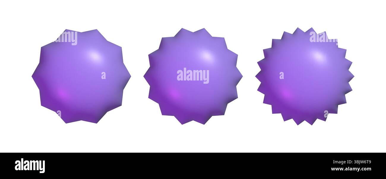 3D-Starburst-Badge-Set. Realistischer lila glänzender Knopf Stock Vektor