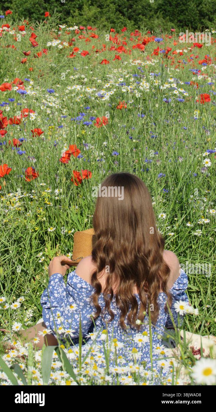 Eine junge Frau sitzt friedlich auf einer farbenfrohen Wildblumenwiese, umgeben von blühenden Mohnblumen und Gänseblümchen. Sie hält einen Strohhut und saugt die Wärme auf Stockfoto