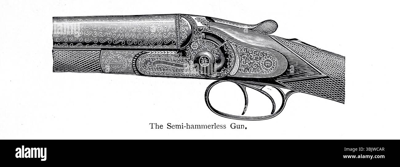 Die Illustration der Halbhämmerlosen Geschütze aus Kapitel VII Hammerless Geschütze ist diejenigen, bei denen der Mechanismus zum Abfeuern in der Waffe platziert ist. Aus dem Buch The Gun and its Development von Greener, W. W. (William Wellington), Veröffentlichungsdatum 1897 Stockfoto