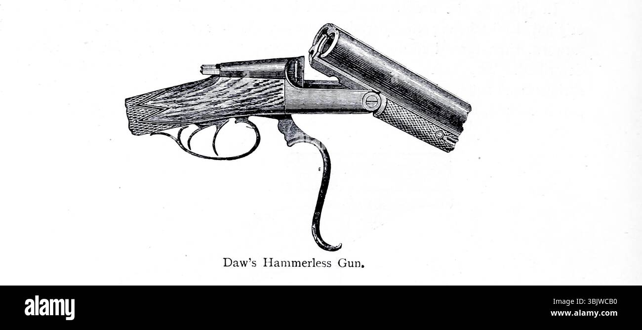 Daws Hammerlose Waffe. Abbildung aus Kapitel VII Hammerless Pistolen sind diejenigen, bei denen der Mechanismus zum Abfeuern innerhalb der Pistole platziert ist. Aus dem Buch The Gun and its Development von Greener, W. W. (William Wellington), Veröffentlichungsdatum 1897 Stockfoto