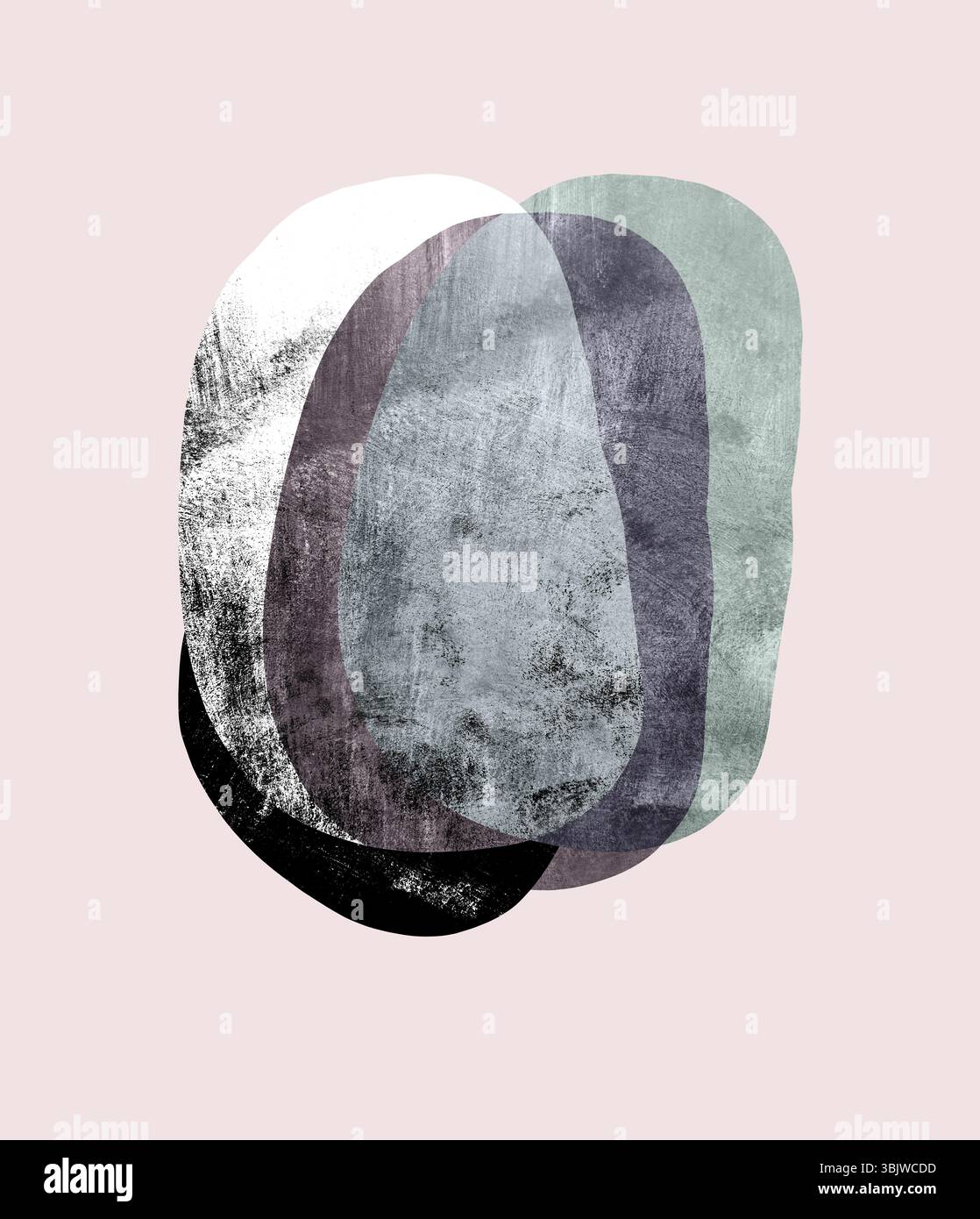 Trendige Grunge Geometrische Abstrakte Kunst Abstrakte Felsen in Erdfarben auf einem staubigen rosa Hintergrund. Moderner Druck mit abstrakten Elementen. Zeitgenössische Kunst Stockfoto