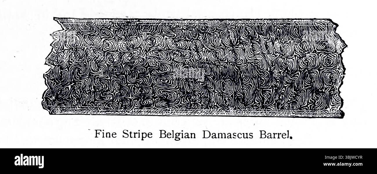 Feinstreifenbelgische Damaszener-Fass-Illustration aus KAPITEL X. MODERNE METHODEN DER WAFFENHERSTELLUNG. DIE HERSTELLUNG VON EISEN FÜR KANONENFÄSSER. Aus dem Buch The Gun and its Development von Greener, W. W. (William Wellington), Veröffentlichungsdatum 1897 Stockfoto