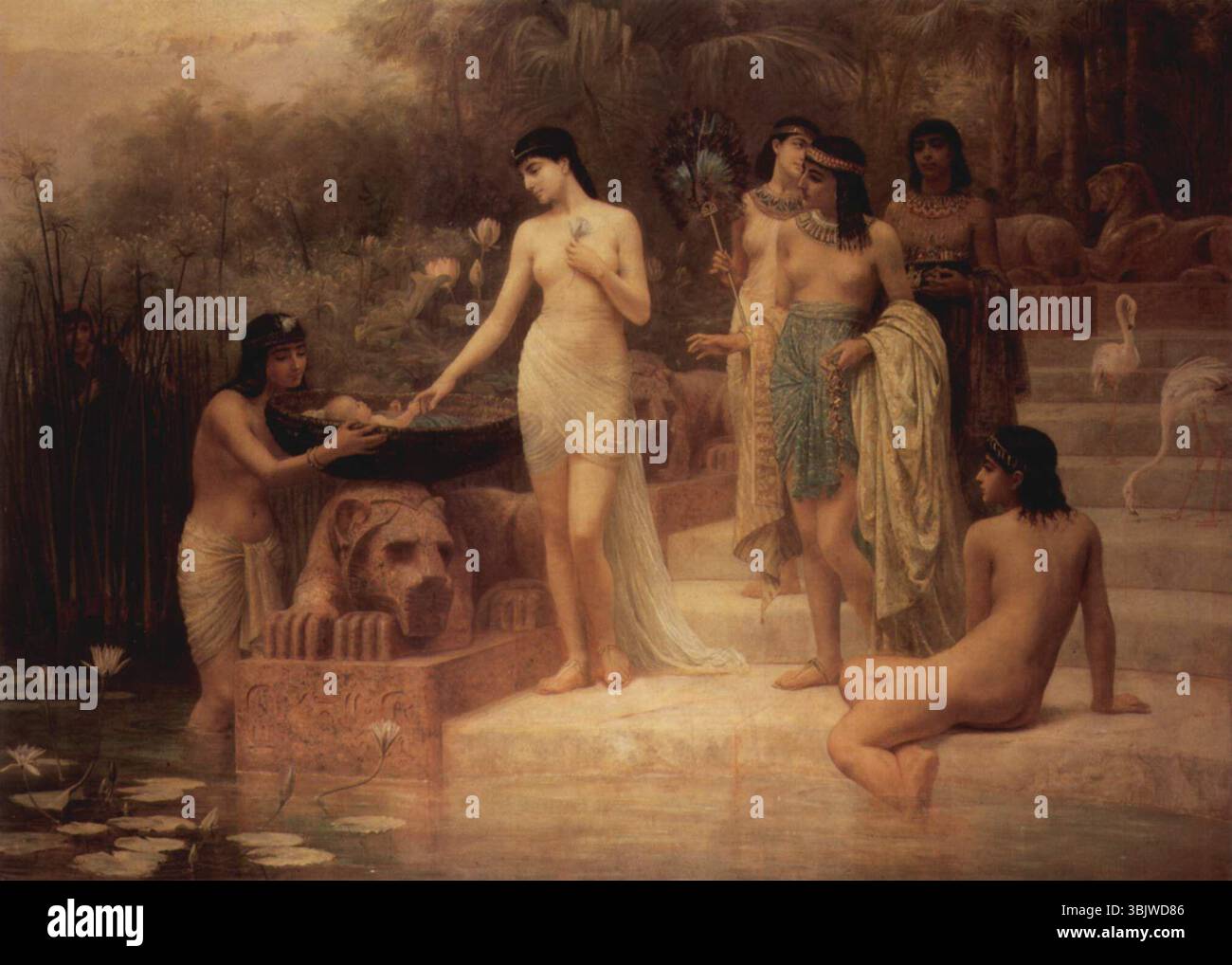 The Discovery of Moses ist ein historisches Gemälde des britischen Künstlers Edwin Long aus dem Jahr 1886. Auch bekannt als Pharaostochter, zeigt es die alttestamentliche Szene Moses, ein populäres Thema in der Kunst ab der Renaissance. Das Kind Moses wird in einem Korb von der Tochter des Pharao und ihren Mägden entdeckt, während sie im Nil baden. Stockfoto