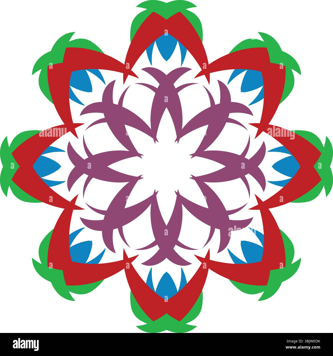 Ein farbenfrohes und kompliziertes abstraktes Mandala-Design mit Lagen aus grünen, roten, blauen und lila Elementen, die nach außen strahlen, perfekt als Dekor Stock Vektor