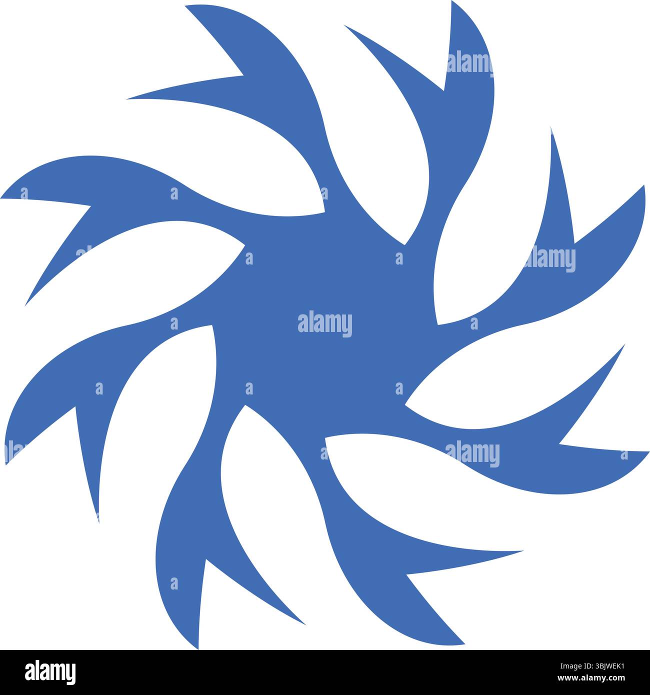 Ein klares und modernes abstraktes kreisförmiges Design mit stilisierten blauen Radialelementen, die einen dynamischen Fluss oder ein sternähnliches Muster erzeugen, ideal für Logos und tec Stock Vektor