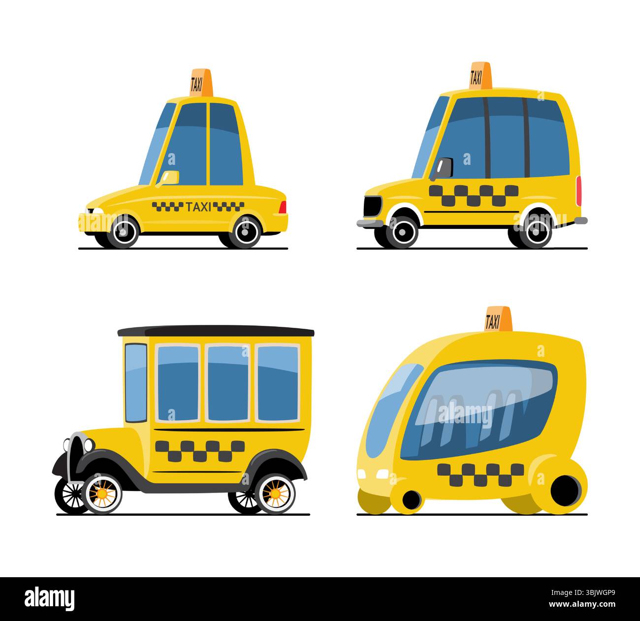 Taxi Auto Cartoon Illustration . Inklusive Limousine, Fließheck, klassischem und futuristischem modernen Stil. Flache Ausführung. Isolieren auf weißem Hintergrund. Vektor . Stock Vektor