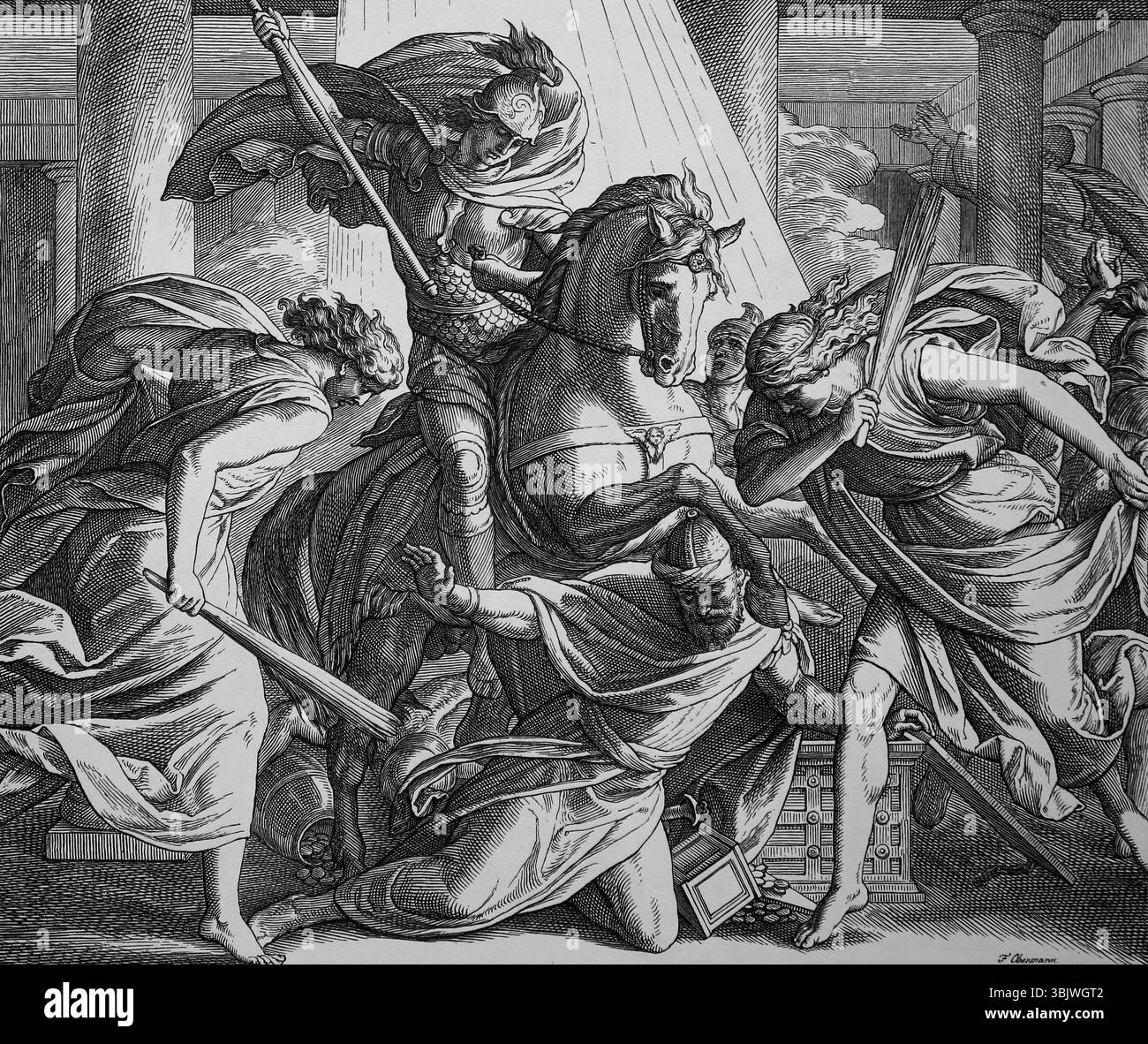 Altes Testament. Die Vertreibung des Heliodorus durch den Reiter schickt Gott. Das zweite Buch der Makkabäer. Illustration von J. Schnorr von Carolsfeld. „Th Stockfoto