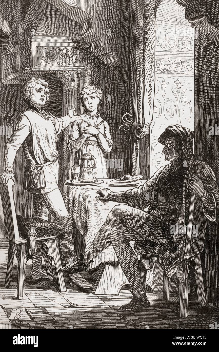 Jacoba miro un instante al joven extranjero - Jacoba sah den jungen Ausländer kurz an. Illustration aus dem Buch Quentin Durward von Sir Walter Scott, erschienen in Barcelona, 1883. Stockfoto