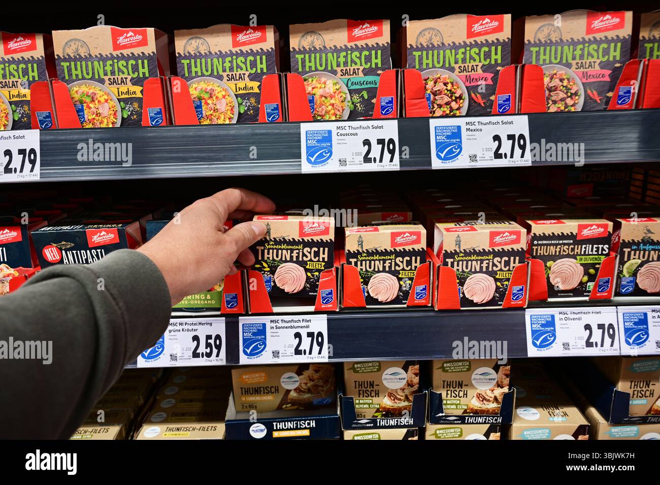 MSC-zertifizierter Fisch in Dosen in einem Supermarkt Stockfoto