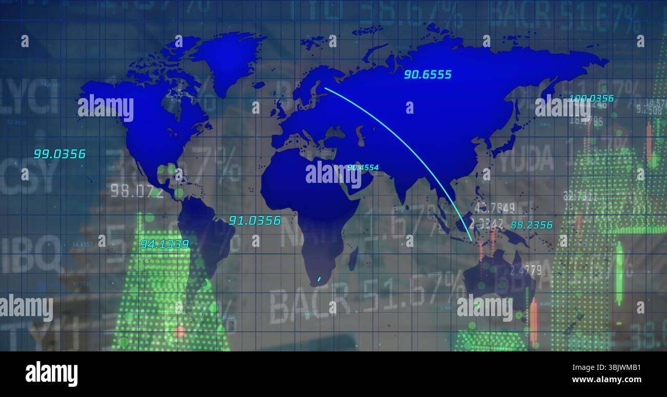 Anzeige der blauen Weltkarte, Verschieben numerischer Indikatoren entlang eines gekrümmten Pfeils im Raster, Kerzenständer Stockfoto