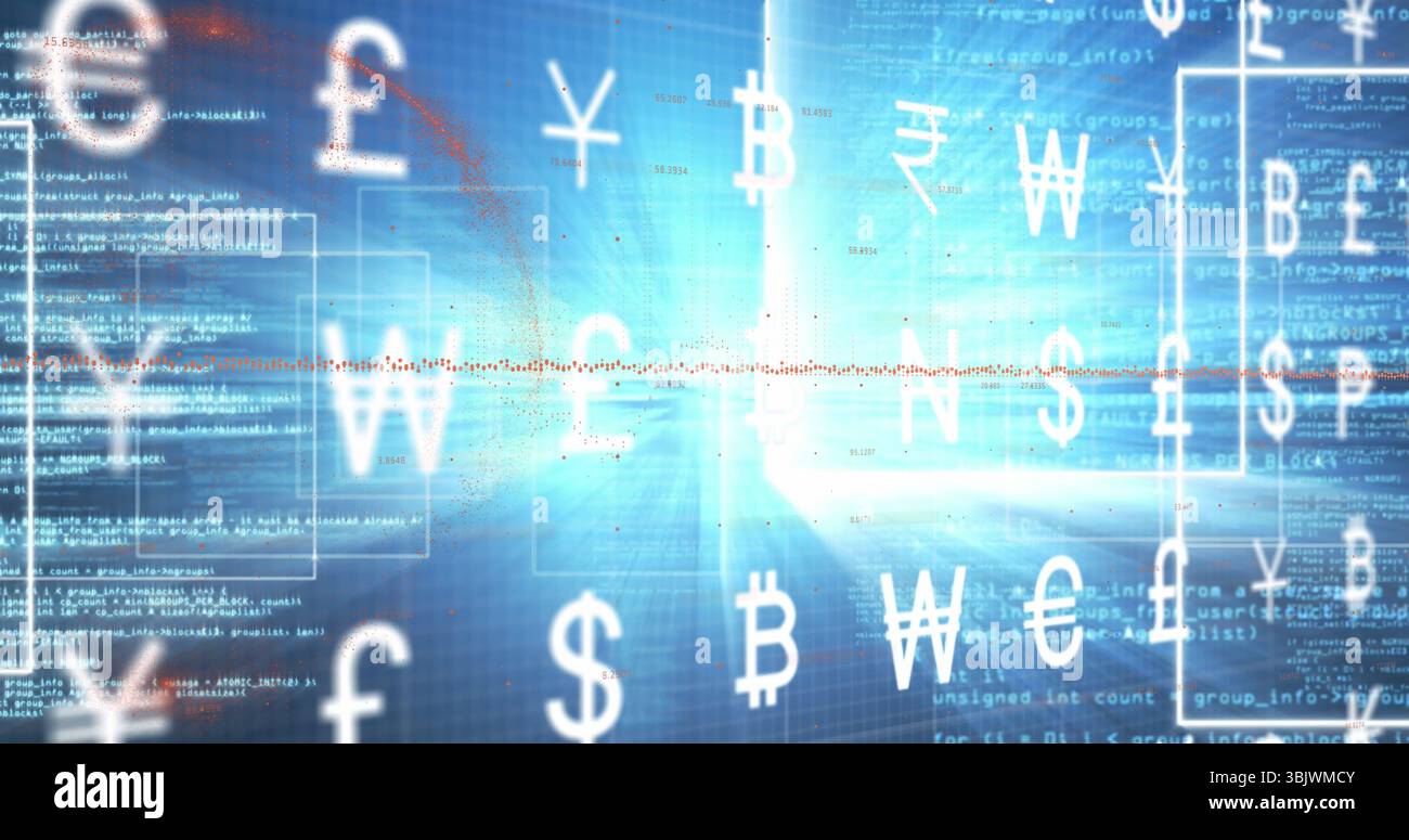 Schwankende Währungssymbole gleiten über die Handelsplattform, mit blauem Raster, Code und roter Wellenform Stockfoto