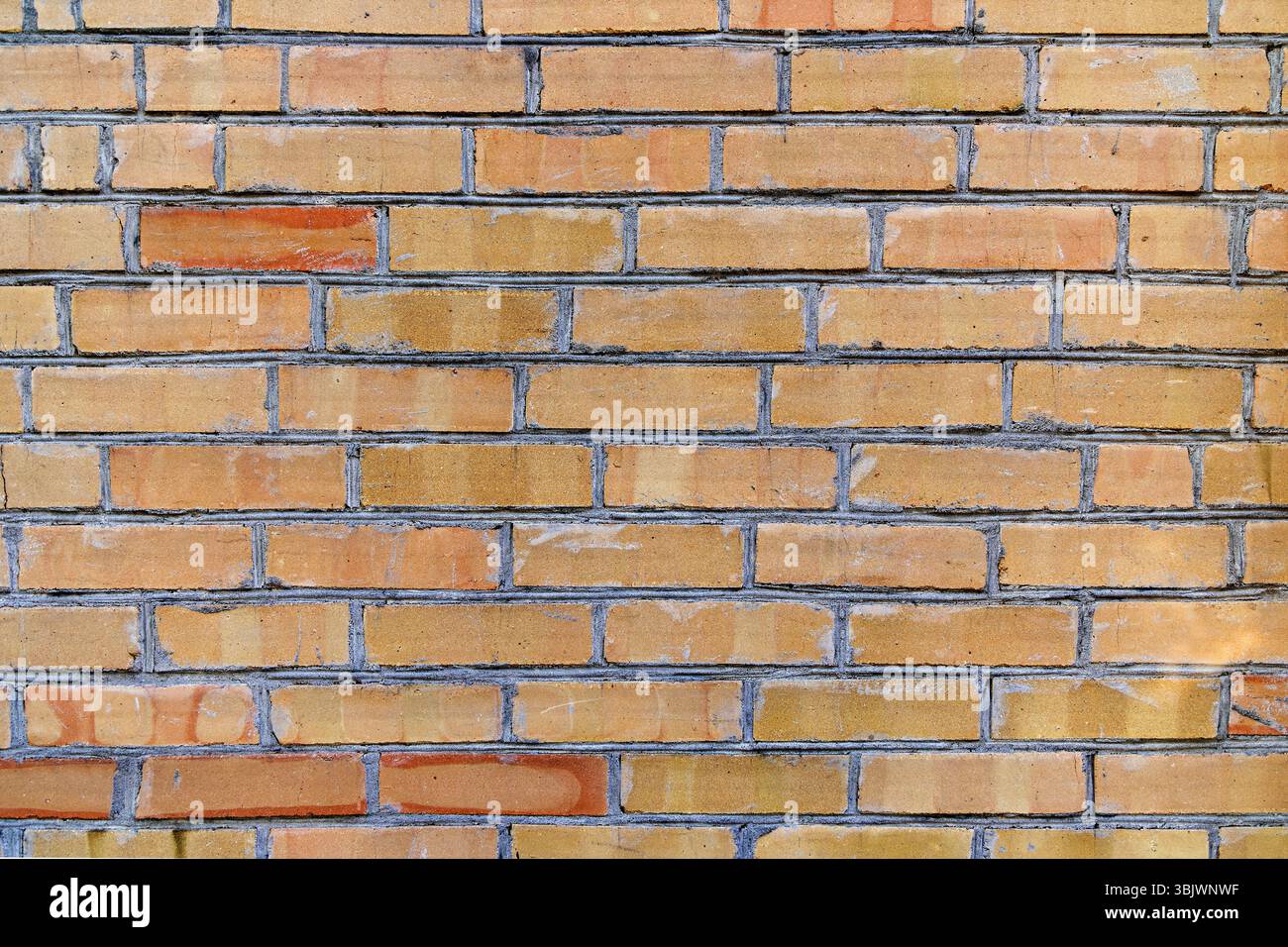 Einheitlicher Gelber Backsteinhintergrund. Eine saubere und gleichmäßige gelbe Ziegelwand mit gleichmäßig abgesetzten Mörtelfugen, die ein helles und gleichmäßiges Aussehen bietet Stockfoto