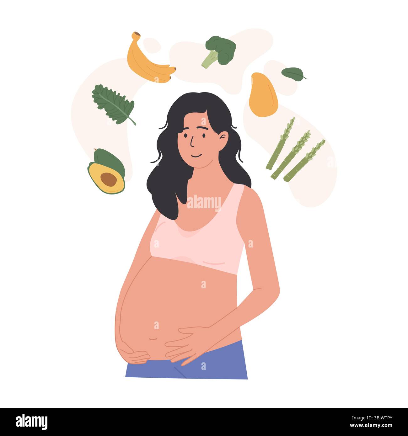 Gesunde Ernährung für Schwangere mit frischem Obst und Gemüse. Ernährung und Wohlbefinden in der Schwangerschaft. Vektorabbildung abgewickelt isoliert auf Stock Vektor