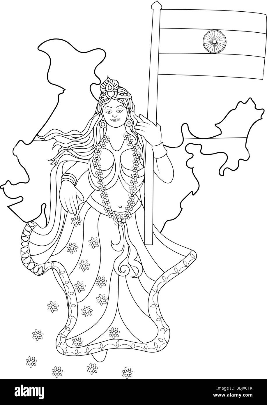 Umrisszeichnung von Bharat Mata, der Personifikation Indiens als Göttin, die die indische Trikolore-Flagge hält. Die Figur wird auf einer Strichgrafik überlagert Stock Vektor