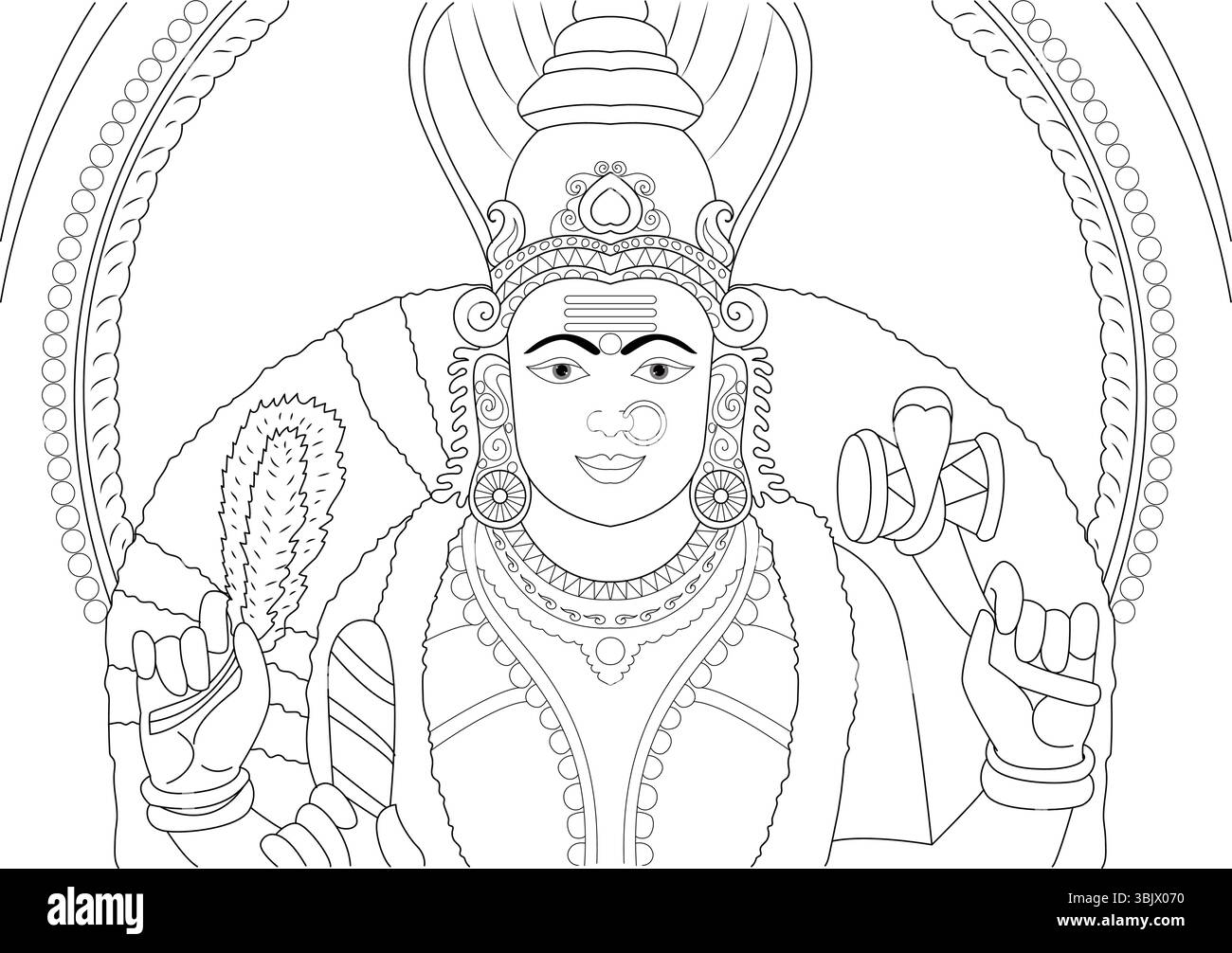 Detaillierte schwarz-weiße Strichgrafik-Illustration der hinduistischen Göttin Gangai Amman, einer mächtigen göttlichen Mutterfigur. In traditionellem Stil dargestellt, su Stock Vektor