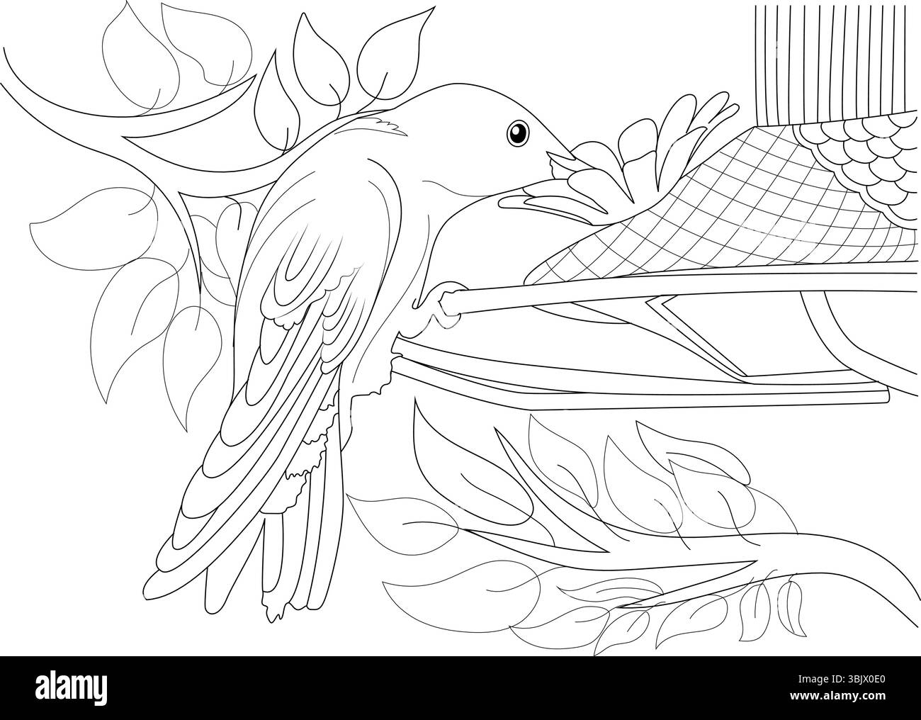 Detaillierte schwarz-weiße Strichgrafik-Illustration eines Kolibri, der auf einem Zweig neben einem Vogelfutterhäuschen thront, mit umliegenden Blättern. Ideal zum Färben Stock Vektor