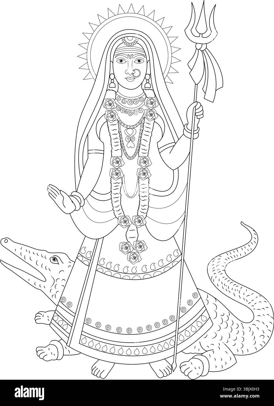 Schwarz-weiße Strichgrafik von Khodiyar Mataji, einer hinduistischen Göttin, die auf einem Krokodil (Maggar) reitet und ein Dreizelt (Trishul) hält. Ideal für Reli Stock Vektor