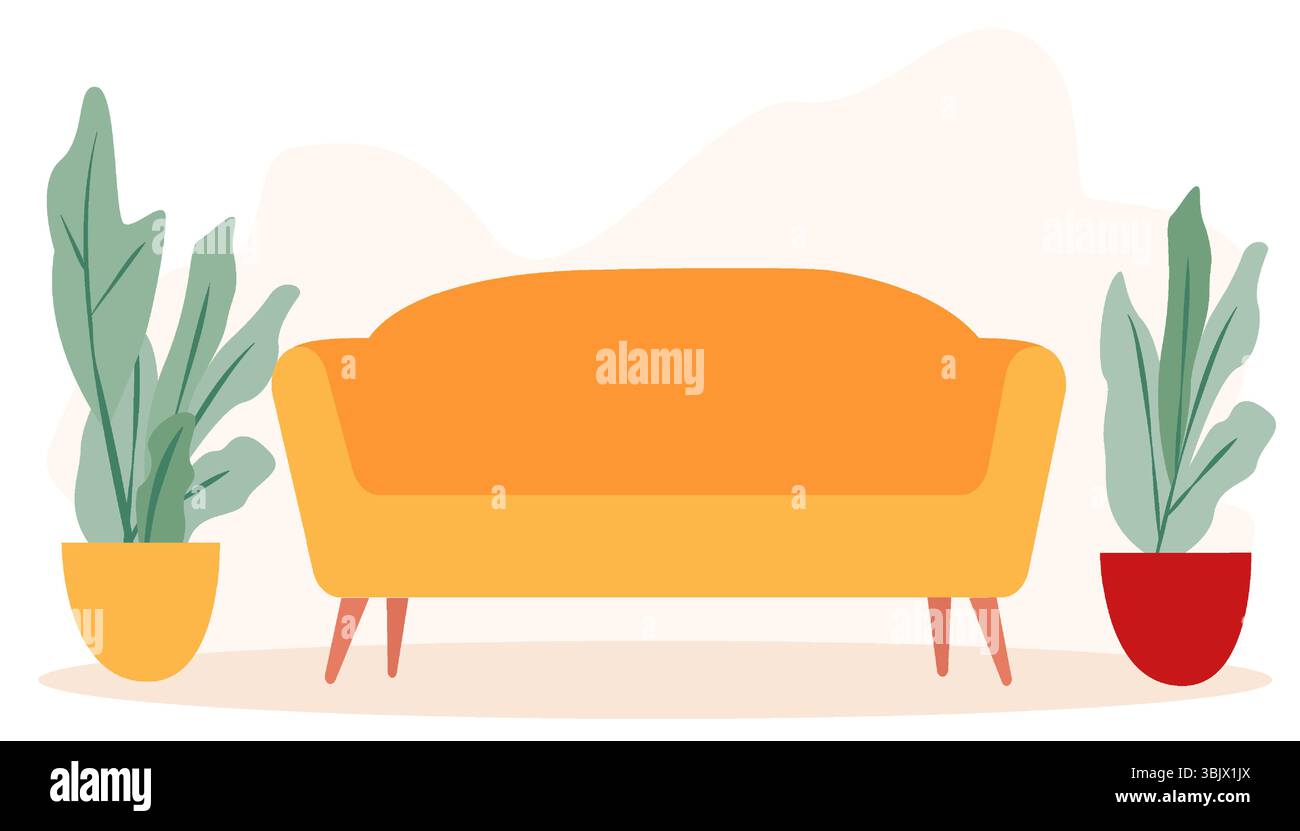 Ein stilvoller Wohnbereich mit einem hellen orangefarbenen Sofa zwischen zwei dekorativen Topfpflanzen. Das moderne Design betont Komfort und Stock Vektor